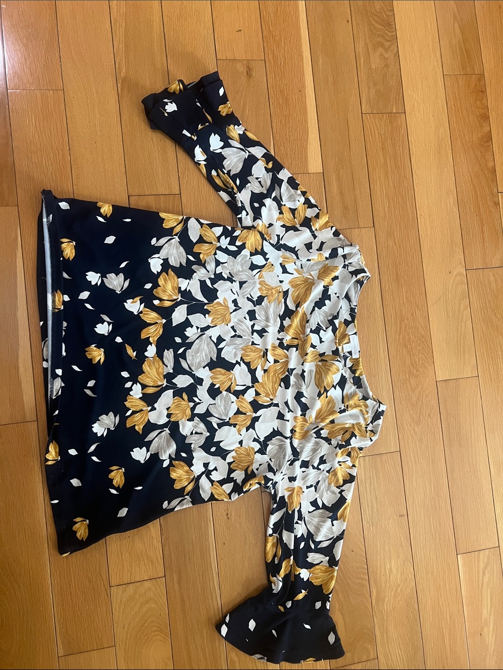 Charter Club Navy Floral Long-Sleeve Tunic with Gold and Cream Blooms
